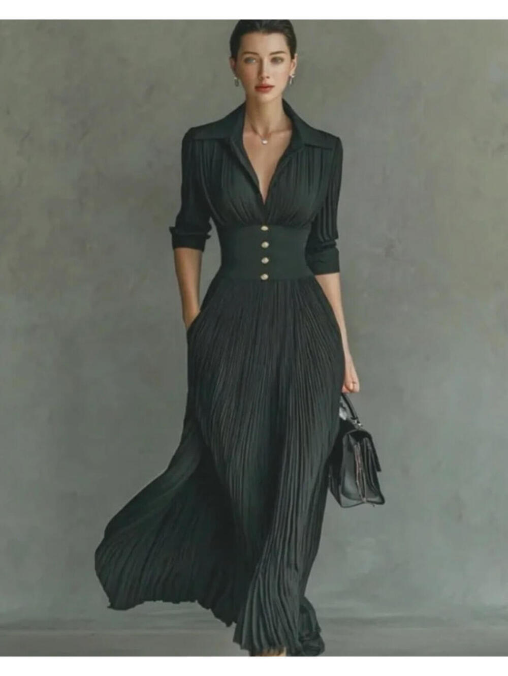 NWT Modesees Solid Color Pleated Lapel Waist Long Sleeve Maxi Dress MDA0826G1Y S